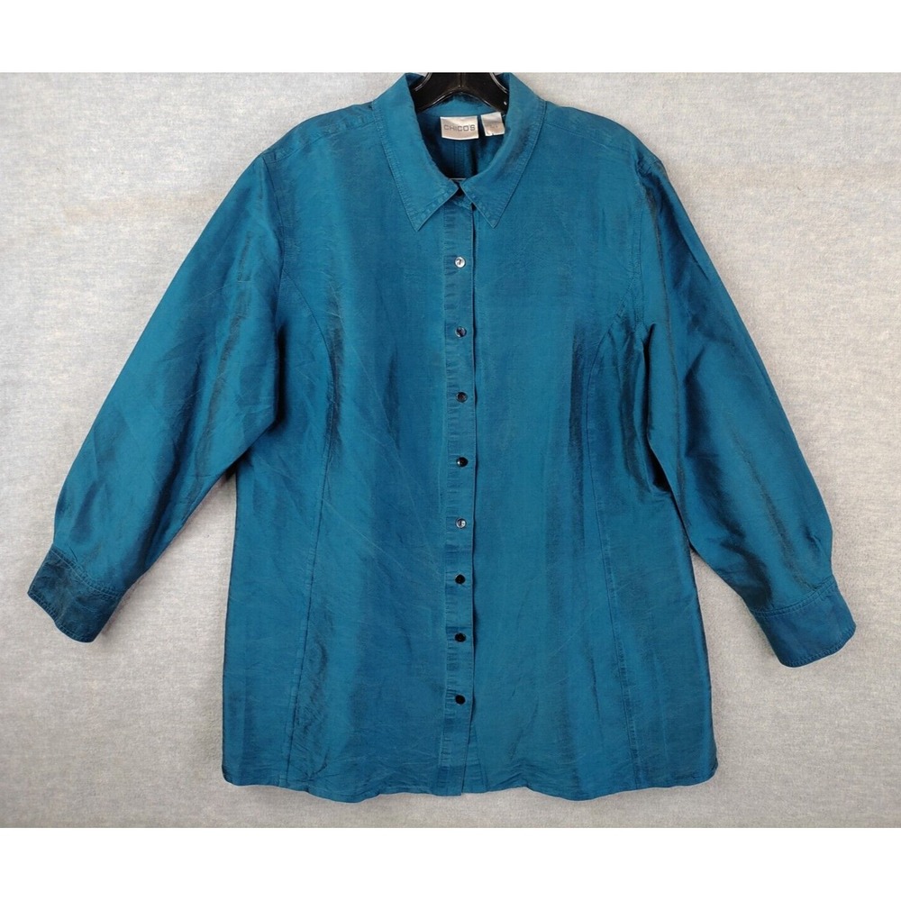 Chicos Womens Shirt Lage 3 Blue 100% Silk Vintage Retro Career Capsule Boxy - Picture 2 of 9